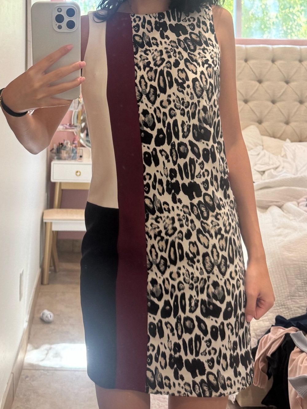 Ann Taylor Black, White & Burgundy Leopard Panel Sheath Dress